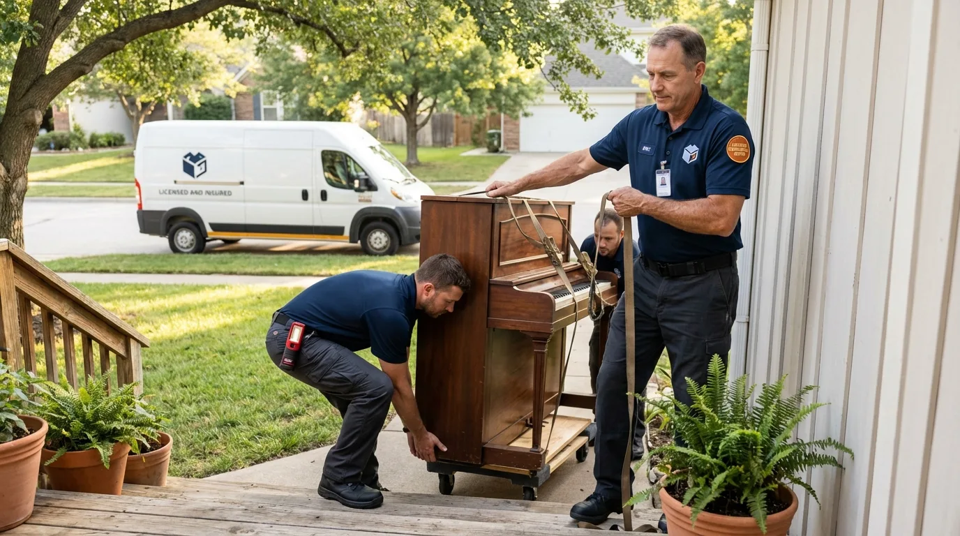 Licensed piano movers securing grand piano in Clarksburg, MD