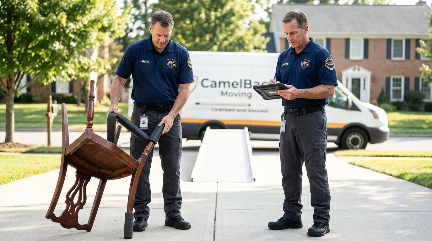 Movers inspecting furniture for damage prevention before loading in Clarksburg, MD